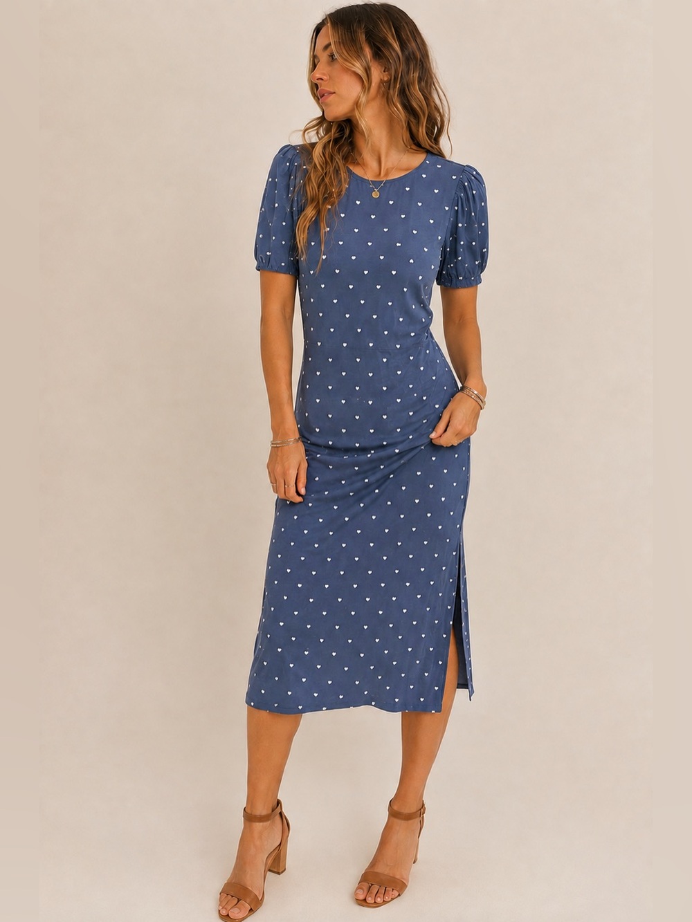 Ann Taylor LOFT Blue Midi Dress with mini white heart polka dot print